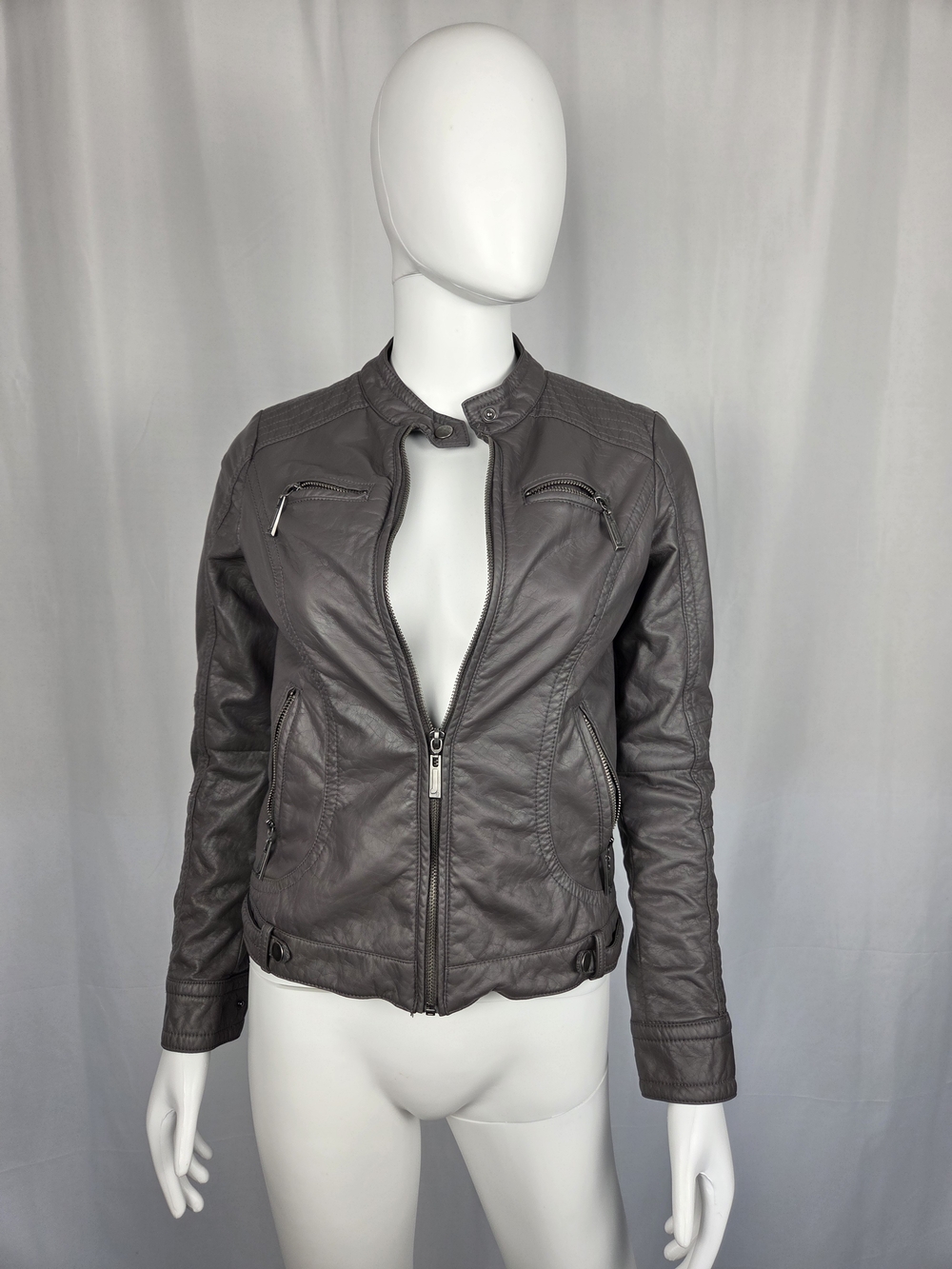 Women's Gray Faux Leather Moto Jacket - Classic Zip Front